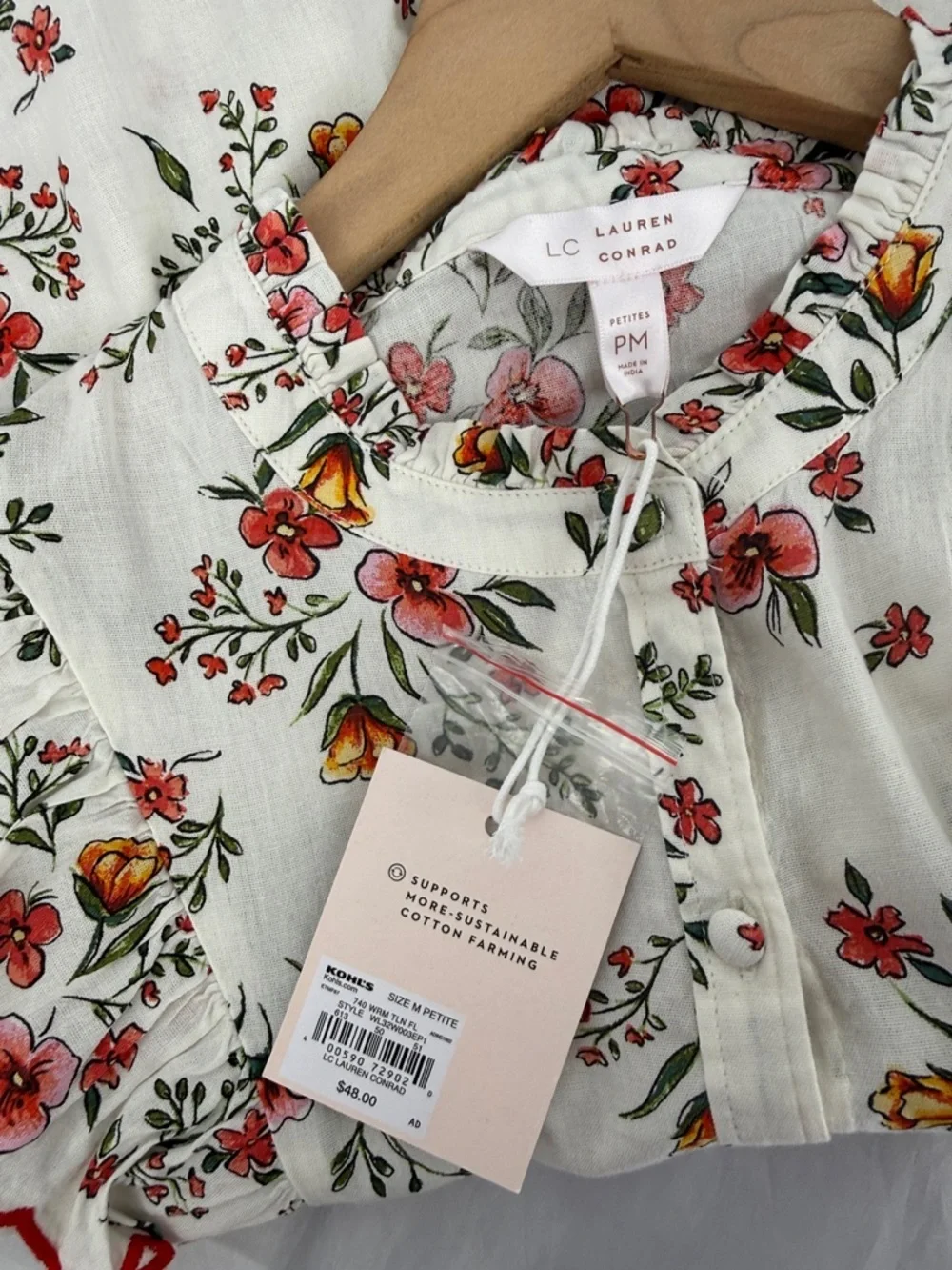 LC Lauren Conrad Floral Ruffle Sleeveless Blouse - White with Red Floral Trim - Picture 5 of 7